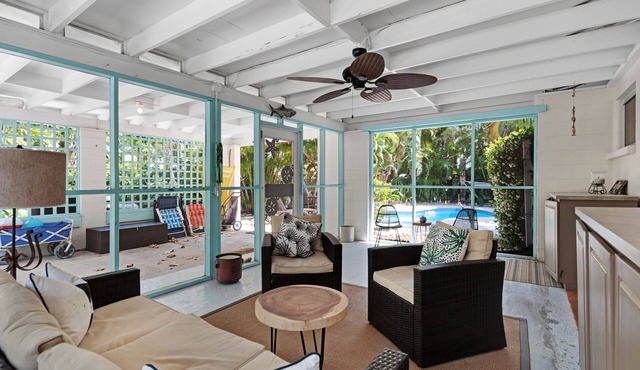 Dog-friendly house with heated private pool, island views & nearby beach access